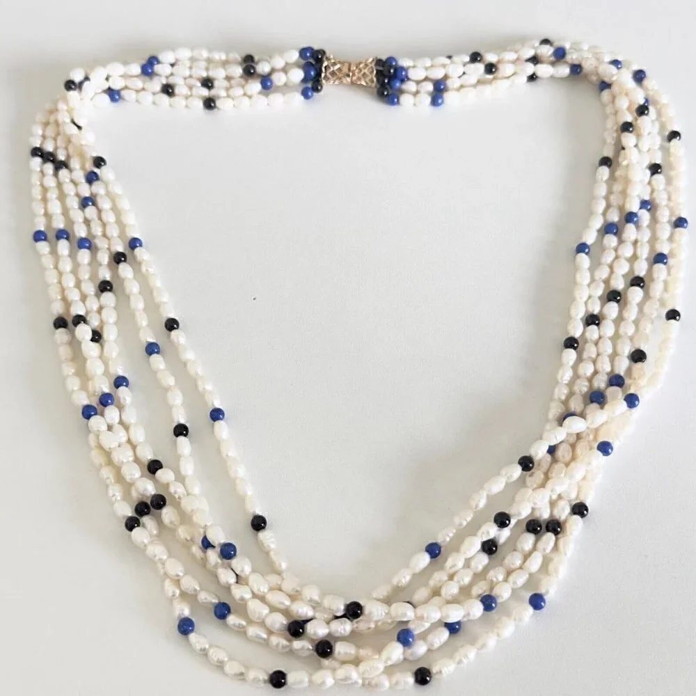 Vintage 14k Yellow Gold Pearl 6 Row Multi Strand Onyx Lapis Statement Necklace